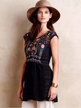 Anthropologie‎ Bohemian Embroidered Tunic One September Size Small Blue Boho Top